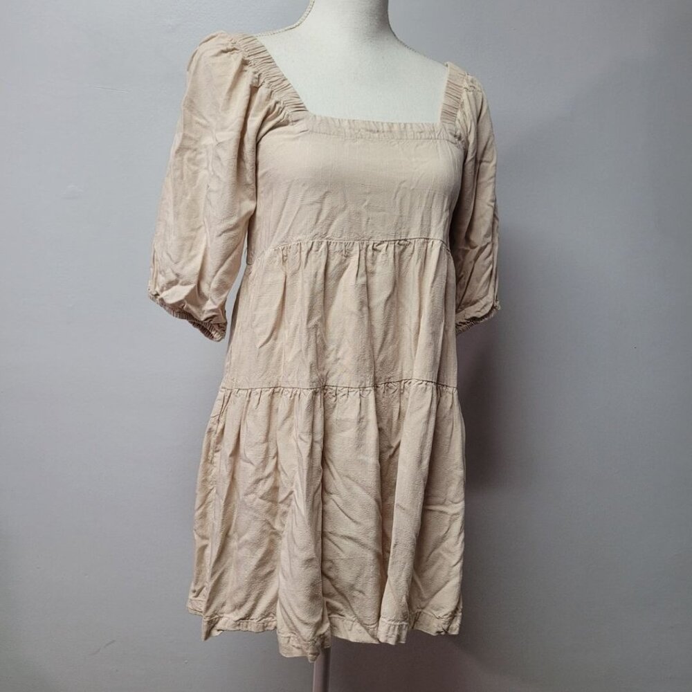 Beyond Words Dress Beige Square‎ Neck Puff Sleeve Layers Tradwife Womens XS